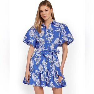 Flying Tomato Blue and White Leaf Print Puff-Sleeve Shirt Dress